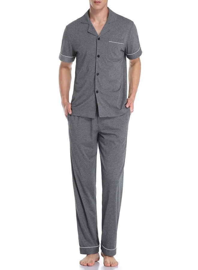 COLORFULLEAF Men's 100% Cotton Pajamas Set Button Down Sleepwear Short Sleeve and Long Pants Pjs (Dark Gray,XL) - Image 1